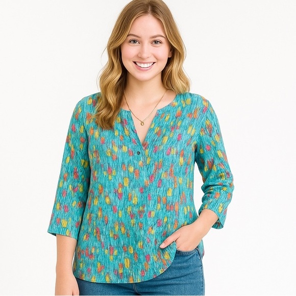 NWT 100% Linen Novelty Print 3/4 Sleeves Tunic Sz XS - Picture 1 of 9